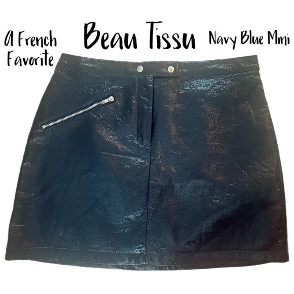 Beau Tissu French Inspired Dark Navy PU Leather Moto Mini Y2K Skirt- M
